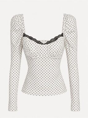 Polka Dot Lace-Trim Long Puff Sleeve Top - White/Black  Goth renaissance